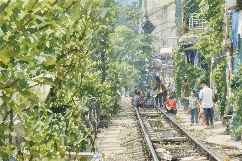 トレインストリートの線路沿い風景(水彩イラスト)