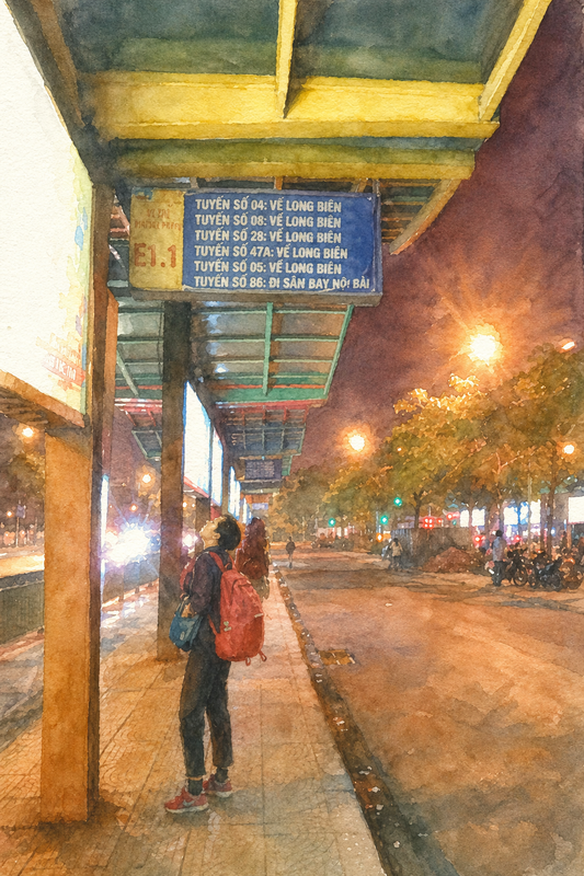 ハノイのバス停路線案内(水彩イラスト)
