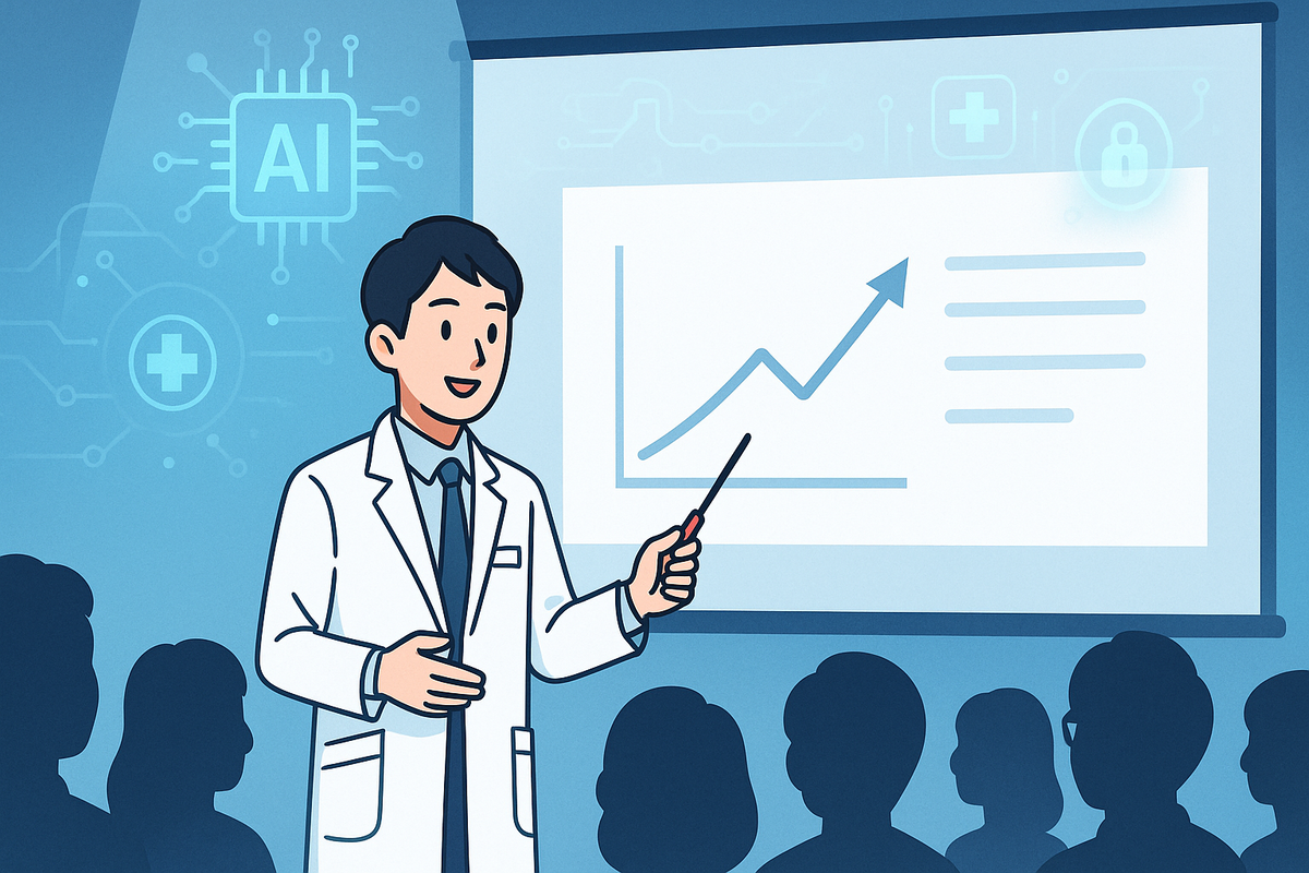 若手医師が学会会場でスライドを示しながら自信を持ってプレゼンテーションしている様子。背後のスクリーンにはシンプルなグラフとAIアイコンが映し出され、聴衆のシルエットが手前に描かれている。