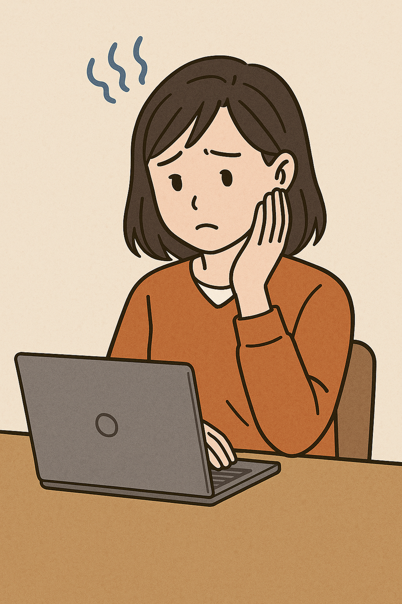 悪夢に悩む女性がパソコンの前で不安そうにしているイラスト」