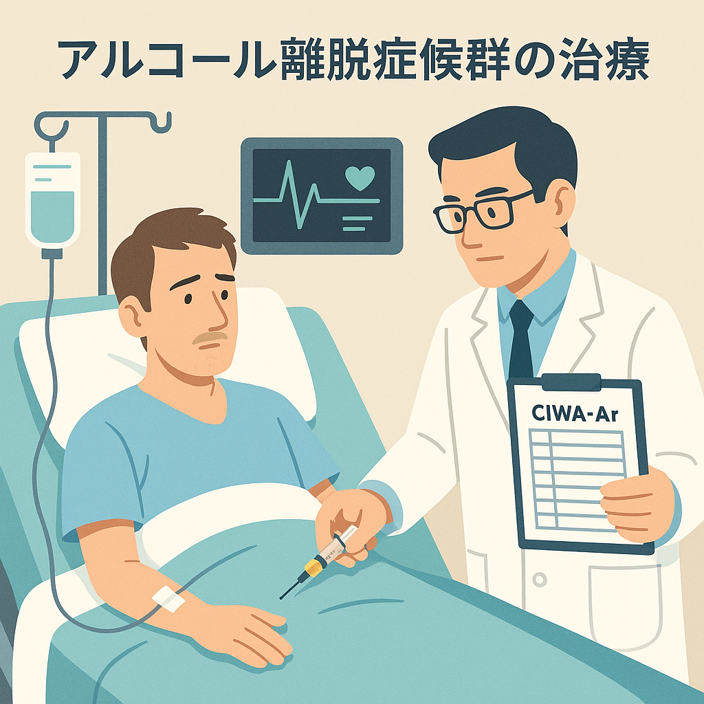アルコール離脱症候群患者を診療する内科医。ベンゾジアゼピン静注を行いながらCIWA-Ar評価表で症状を確認している様子を示すイラスト。医療機器として点滴ラインとバイタルサインモニタが描かれている。