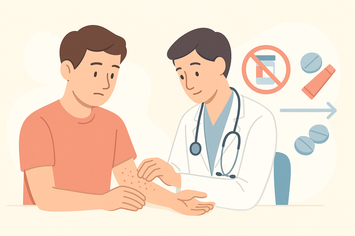 救急外来で医師が軽度薬疹の患者を診察し、原因薬の中止と抗ヒスタミン薬・ステロイド外用を示すアイコンが並ぶイラスト