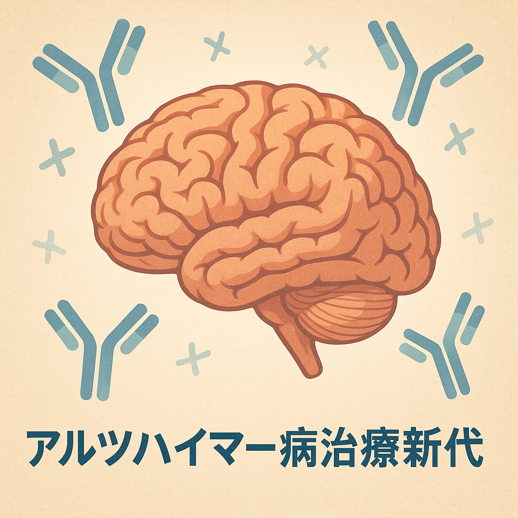 中央にオレンジ色の脳、周囲に青いY字型の抗体が配置され、下部に『アルツハイマー病治療新時代』という日本語テキストがあるイラスト