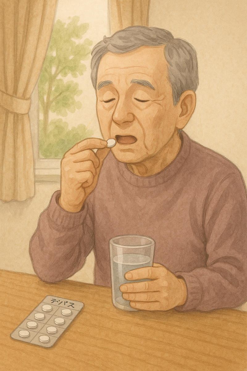 エチゾラム（デパス）を服用する高齢男性のイラスト。服薬による依存や高齢者に多い転倒・せん妄リスクを想起させるイメージ画像