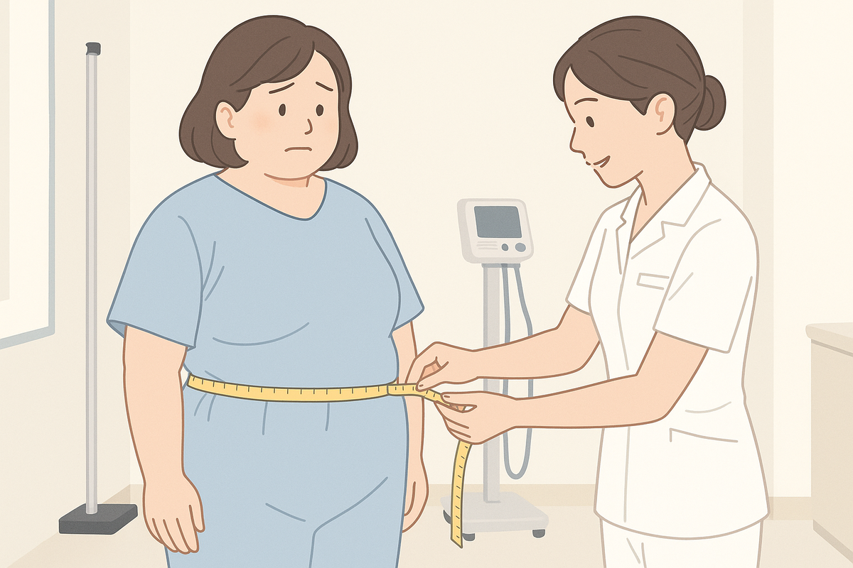 中年の日本人女性が健診室で看護師に腹囲をメジャーで測定されている様子を描いた医療イラスト。明るい色調で、メタボリック症候群の腹囲基準を象徴する場面。