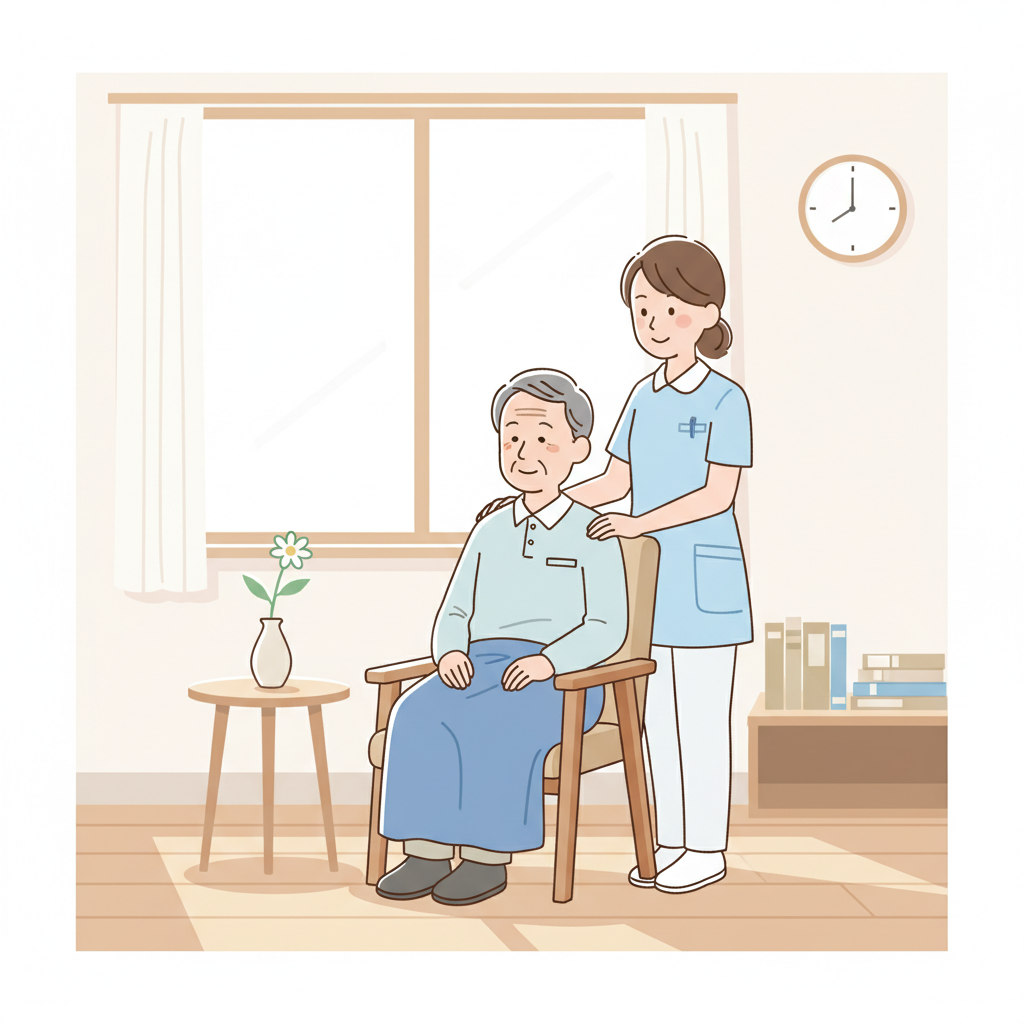 整理整頓された明るい室内で、高齢者と介護者が穏やかに過ごしているイラスト。レビー小体型認知症の幻視に対し、適切な薬物療法と環境調整を行うことで、患者の不安や混乱が和らぎ、安心して生活できる様子を象徴しています。