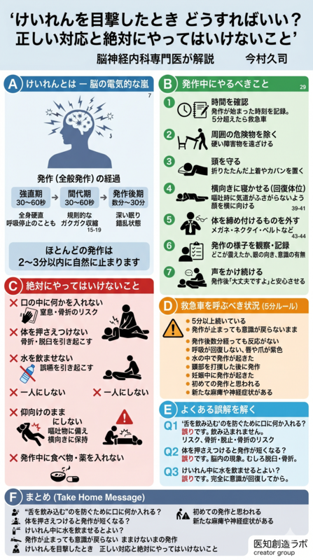 けいれんを目撃したときの正しい対応 インフォグラフィック — 発作中にやるべきこと・やってはいけないこと・救急車を呼ぶ基準・よくある誤解