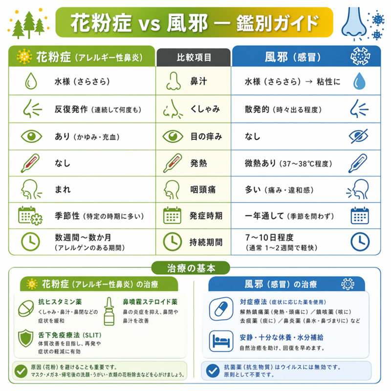 花粉症と風邪の鑑別ガイドのインフォグラフィック ― 鼻汁性状・目の痒み・発熱・持続期間などを左右対比で整理、治療法も並記した比較表