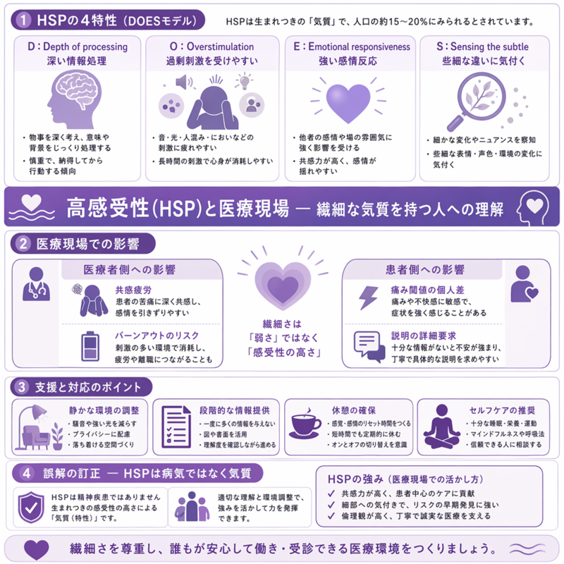 高感受性（HSP）と医療現場のインフォグラフィック ― DOESの4特性、医療者・患者への影響、環境調整やセルフケア等の対応を紫系で整理