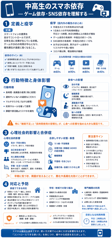 中高生のスマホ依存インフォグラフィック ― ICD-11ゲーム障害、睡眠/視力/朝不調、学業低下と抑うつ合併、家族ルール/CBT/依存症外来対応を青オレンジ系で整理