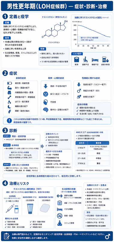 男性更年期LOHのインフォグラフィック ― 朝のテストステロン250ng/dL基準、抑うつ/性機能/筋量低下、AMS/ADAM評価、エナント酸注射/ゲル剤TRTと多血症リスクを青系で整理