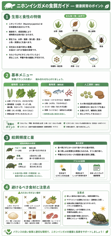 ニホンイシガメ食餌ガイドのインフォグラフィック ― 雑食性と幼/成体の違い、配合飼料+葉野菜、幼体毎日〜成体2-3日、加工肉やシュウ酸食材回避を緑茶系で整理