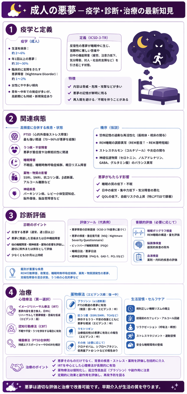 成人の悪夢インフォグラフィック ― DSM-5悪夢障害と2-6%有病、PTSD/薬剤関連、NDQ/PSG評価、IRT/プラゾシン第一選択とEMDR併用を紫青系で整理