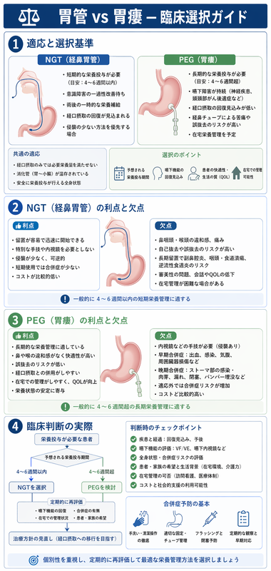 胃管vs胃瘻のインフォグラフィック ― 4-6週ラインで使い分け、NGTの自己抜去と鼻翼障害、PEGのburied bumperと感染、半固形化/ACPなど臨床選択を青緑系で整理