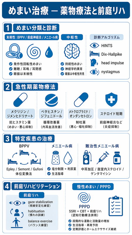 めまい治療のインフォグラフィック ― HINTSで末梢/中枢鑑別、ベタヒスチン/ジメンヒドリナート急性期、BPPV Epley/メニエール利尿薬、VRT前庭リハとPPPD対応を青系で整理