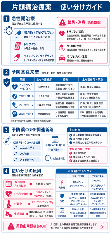 片頭痛治療薬のインフォグラフィック ― NSAIDs/トリプタン/ラスミジタン/ゲパント急性期、CGRP抗体3剤予防、従来型併用とMOH回避を青ピンク系で整理
