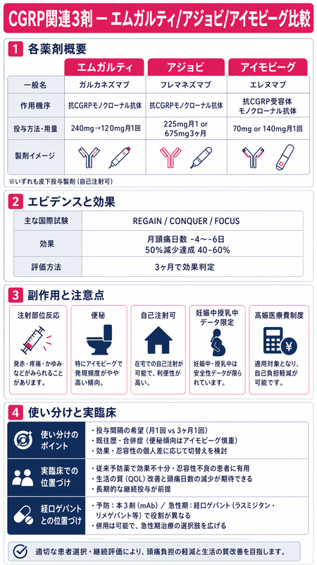 CGRP抗体3剤のインフォグラフィック ― ガルカネズマブ/フレマネズマブ/エレヌマブ機序・用法、効果-4〜-6日、便秘/注射部位反応副作用をピンク系で比較