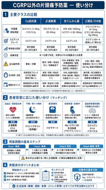 片頭痛予防薬従来型のインフォグラフィック ― ロメリジン/プロプラノロール/VPA/TPM/アミトリプチリン、併存症別使い分け、VPA妊娠禁忌を青系で整理
