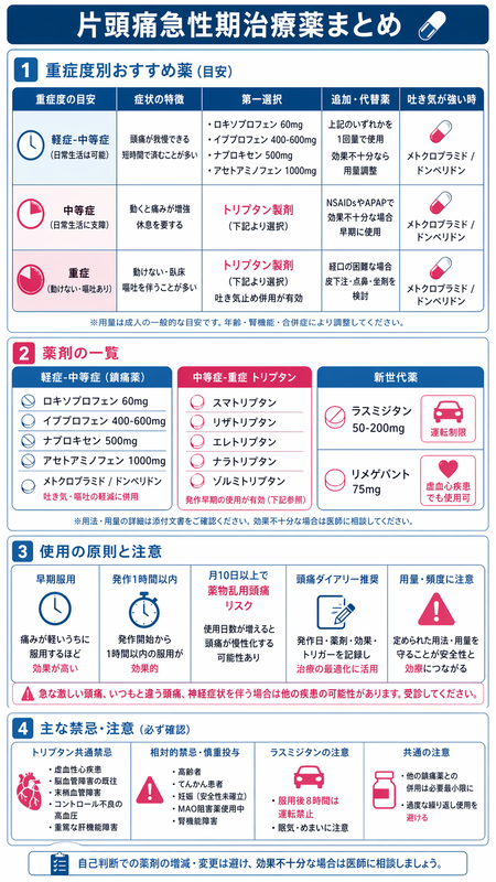 片頭痛急性期治療薬のインフォグラフィック ― NSAIDs/アセトアミノフェン軽症、トリプタン5種、ラスミジタン/リメゲパント新薬、MOH回避/早期服用原則を青ピンク系で整理