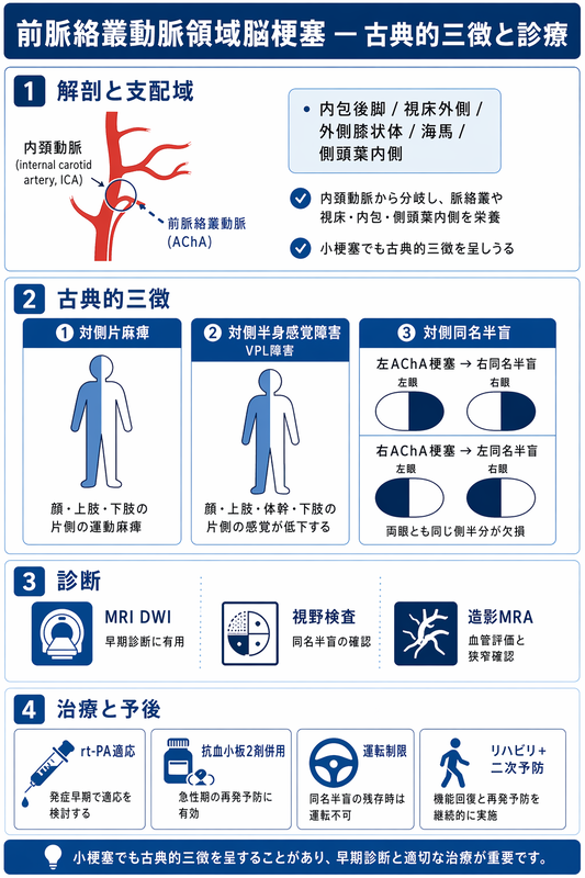 前脈絡叢動脈脳梗塞のインフォグラフィック ― AChA解剖/内包後脚/視床/LGN、片麻痺+感覚障害+同名半盲三徴、DWI診断/DAPT二次予防を青系で整理