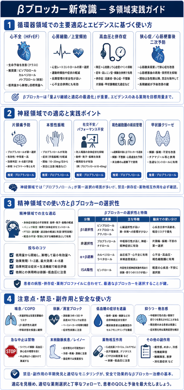 βブロッカーのインフォグラフィック ― 心不全/AF/HT循環器、片頭痛/振戦/不安神経、β1選択性、喘息/徐脈/低血糖遮蔽注意を青系で整理