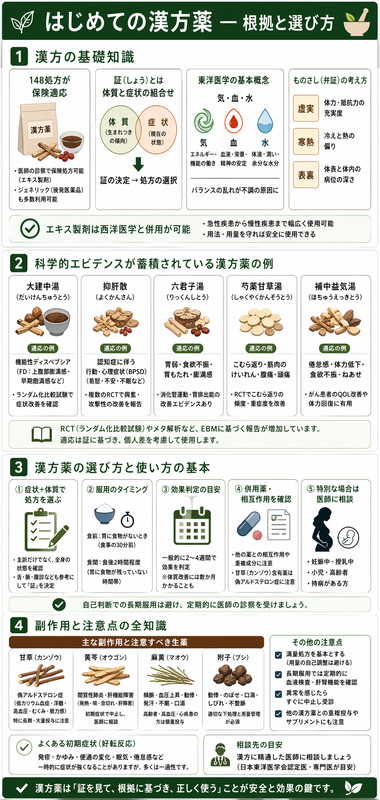 漢方薬入門のインフォグラフィック ― 148処方・証/気血水、大建中湯/抑肝散RCTエビデンス、食前服用/2-4週判定、甘草/黄芩/麻黄副作用を緑茶系で整理