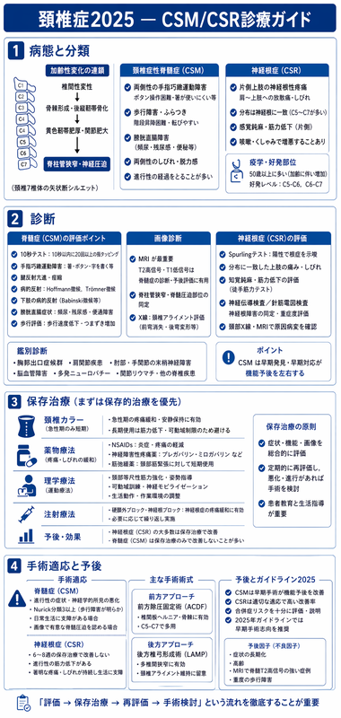 頚椎症2025のインフォグラフィック ― CSM/CSR病態、Hoffmann/Spurlingテスト、MRI T2高信号、保存→ACDF/LAMP手術を青系で整理
