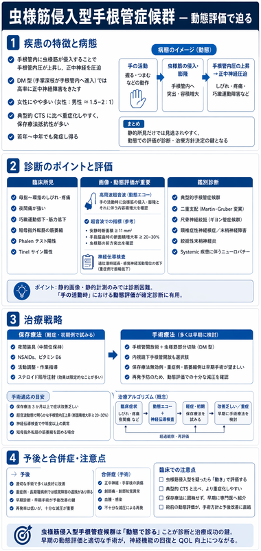 虫様筋侵入型CTSのインフォグラフィック ― 握り動作で正中神経圧迫、超音波動態評価、母示中指しびれ、手根管開放術を青系で整理