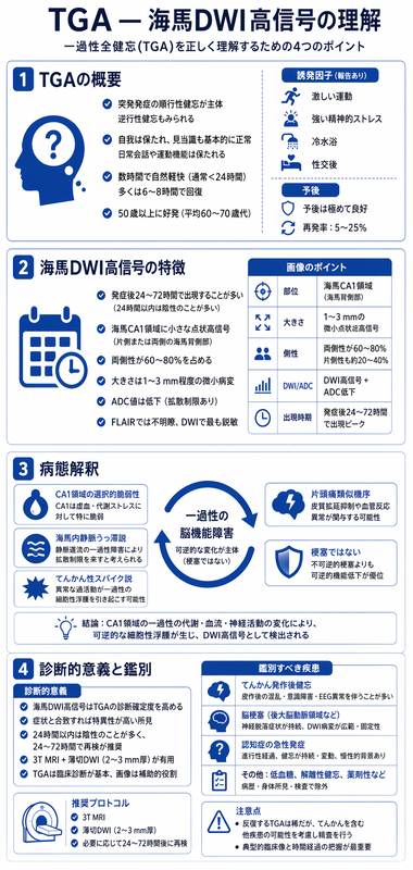TGA海馬DWIのインフォグラフィック ― 順行性健忘/自我保持、CA1 Sommer sector点状高信号、CA1脆弱性/静脈うっ滞仮説、てんかん鑑別を青系で整理