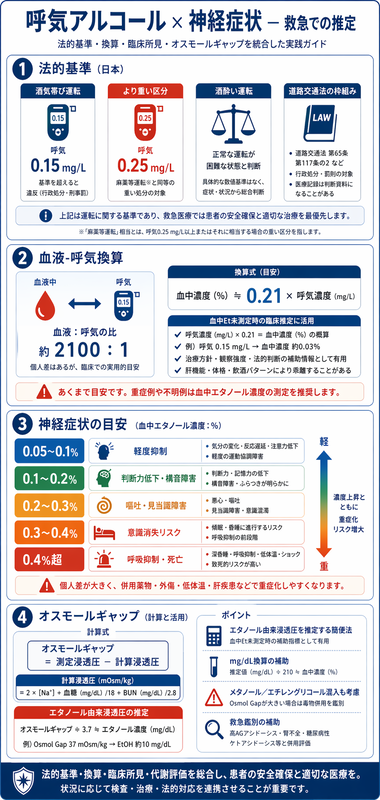呼気アルコール濃度と神経症状のインフォグラフィック ― 0.15/0.25 mg/L基準、血液:呼気2100:1換算、症状段階0.05-0.4%、オスモールギャップ÷3.7逆算を赤系で整理