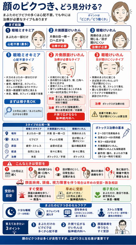顔のピクつき インフォグラフィック — 3つのタイプ(眼瞼ミオキミア・片側顔面けいれん・眼瞼けいれん)・比較表・受診の目安・セルフケア