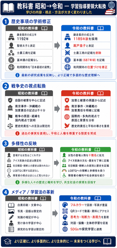 昭和（1980年代）と令和（2020年代）の社会科（歴史分野）教科書の比較