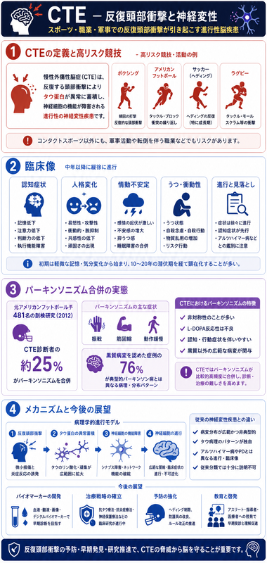 CTE反復頭部衝撃のインフォグラフィック ― タウ蛋白蓄積、ボクシング/アメフト等高リスク、認知症状+人格変化、CTE診断者25%にパーキンソニズム/黒質病変76%非典型を赤青紫系で整理