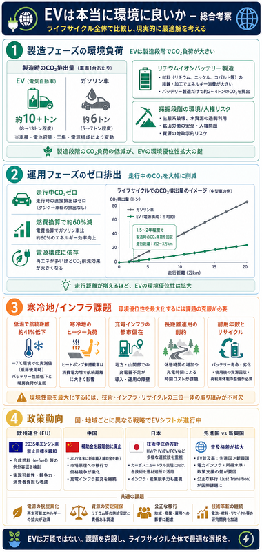 EV環境性のインフォグラフィック ― 製造CO₂ 10+トン vs ガソリン車6トン、運用ゼロ排出/1.5-2年で回収、寒冷地航続-41%、欧州2035年緩和/中国補助廃止/日本技術中立を灰緑黄系で整理