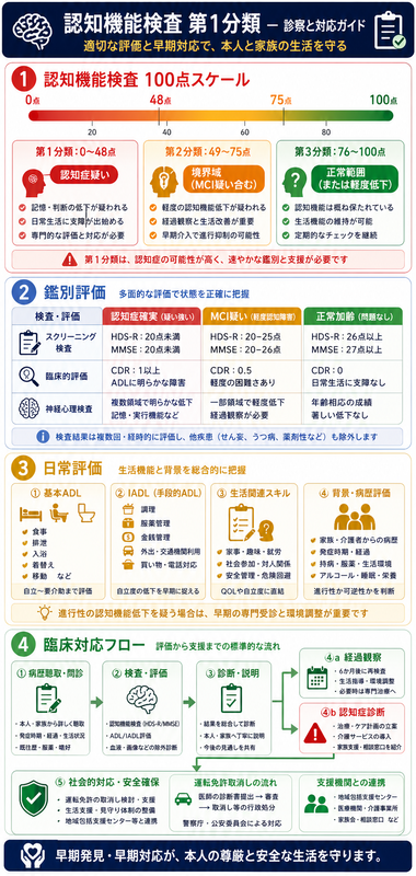 認知機能検査第1分類のインフォグラフィック ― 100点スケール(0-48/49-75/76-100)、HDS-R/MMSE/CDR併用、ADL/IADL評価、6か月再検査or取消し+支援連携を色帯系で整理