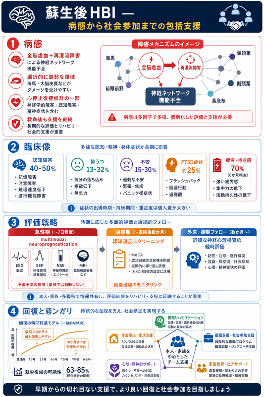 蘇生後HBIのインフォグラフィック ― 認知障害40-50%/抑うつ13-32%/疲労70%、急性期multimodal/回復期MoCA/外来神経心理、3か月主体18か月可塑性、就労復帰63-85%を赤橙青系で整理