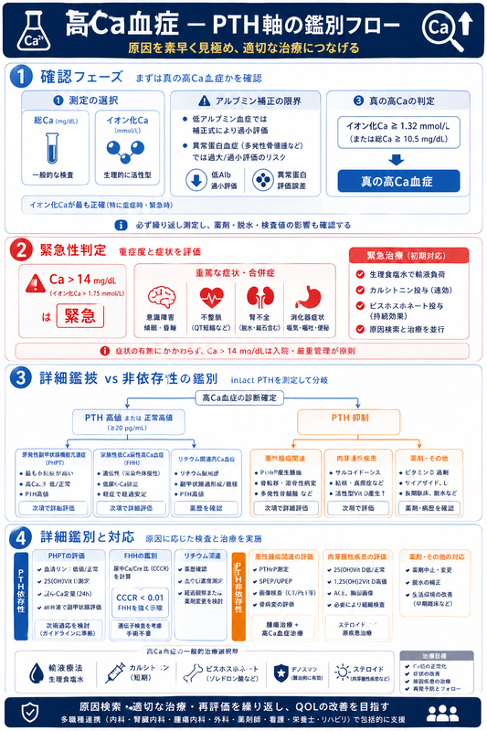 高Ca血症PTH軸鑑別のインフォグラフィック ― イオン化Ca/アルブミン補正限界、PTH依存性(PHPT/FHH/Li)vs非依存性(悪性/肉芽腫/薬剤)、CCCR<0.01/PTHrP、緊急対応を青橙系で二分木整理