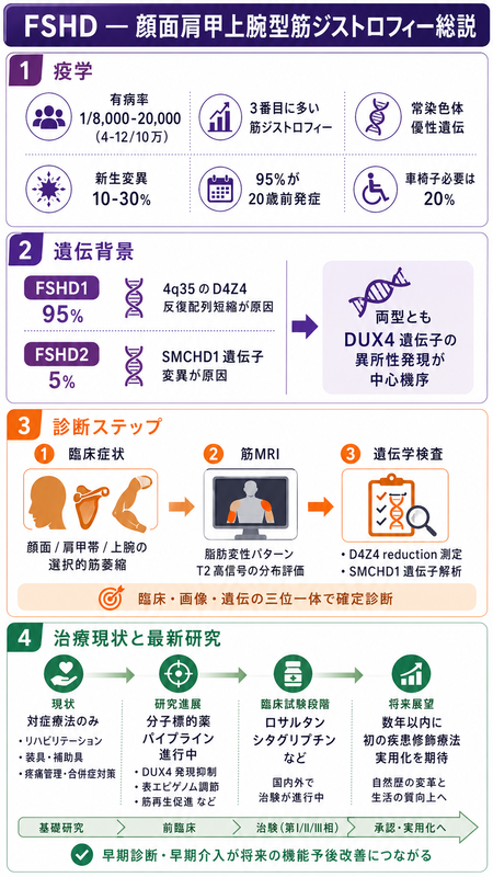 FSHDのインフォグラフィック ― 有病率4-12/10万/3番目筋ジス、FSHD1のD4Z4短縮95%/FSHD2のSMCHD1 5%、DUX4異所性発現、対症→分子標的薬パイプラインを紫橙緑系で整理