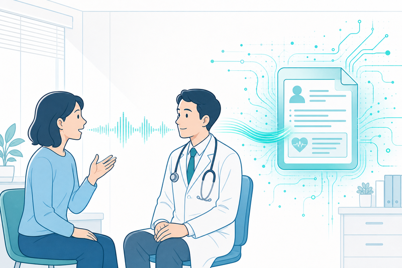 アンビエントAIスクライブが診察の会話からカルテを自動作成するイラスト