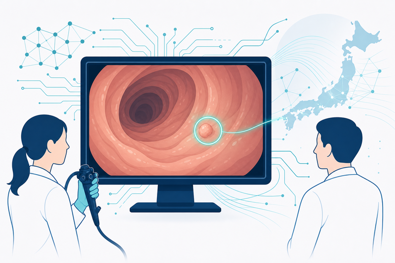日本の内視鏡AIが消化管の病変を検出するイラスト