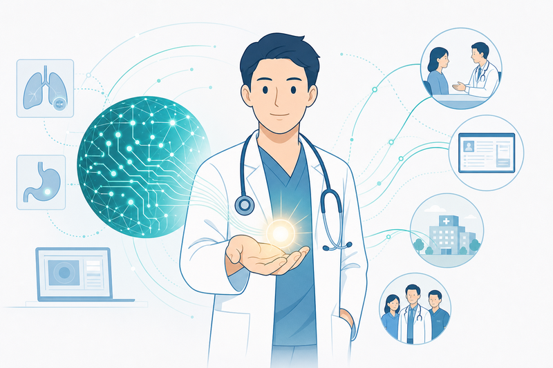 医療AIは医師を補助する道具で最後は人間が判断することを示すイラスト