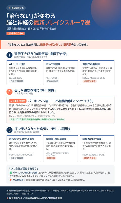 2025-2026年の脳・神経領域ブレイクスルー7選を、遺伝子を狙う薬・失った細胞を補う再生医療(日本発iPS)・打つ手がなかった病気への新しい選択肢の3つの革命に整理し、ALS・ドラベ症候群・SMA・パーキンソン病・進行型多発性硬化症・脳腫瘍・脳梗塞それぞれの新しい治療と日本での承認状況をまとめたインフォグラフィック