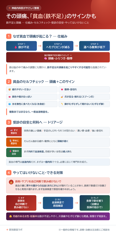 貧血と頭痛の仕組み・セルフチェック・受診の目安の図解