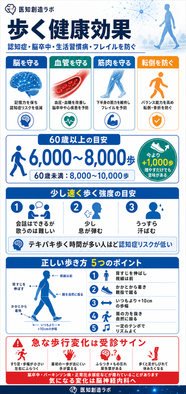 歩くことの健康効果(認知症・脳卒中・生活習慣病・フレイル予防)・1日の歩数の目安・少し速く歩く目安・正しい歩き方5つ・受診すべき歩行サインをまとめたインフォグラフィック