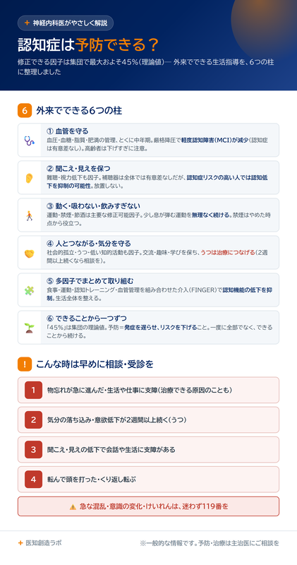 認知症予防の外来生活指導6本柱インフォグラフィック 血管 聞こえと見え 運動 禁煙節酒 つながり 多因子