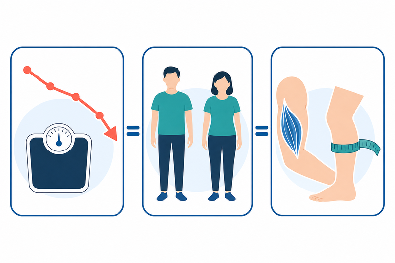 GLIMの表現型基準である意図しない体重減少、低BMI、筋肉量減少を並べて示す模式図