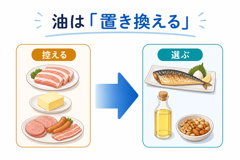 脂身・バター・加工肉を控え、魚・植物油・ナッツへ置き換える食事の考え方