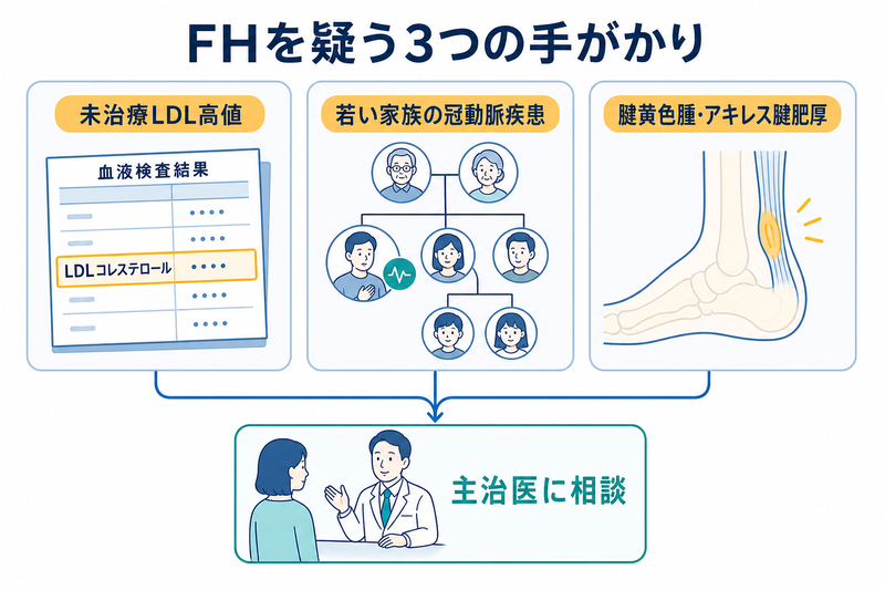 家族性高コレステロール血症を疑う手がかりとして未治療LDL高値、若い家族の冠動脈疾患、腱黄色腫やアキレス腱肥厚を示す図