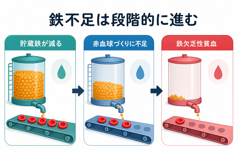 体内の貯蔵鉄が減り、赤血球を作るための鉄が不足し、やがて鉄欠乏性貧血に至る段階的な流れ