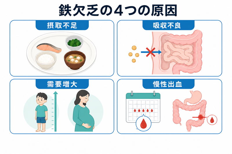 鉄欠乏の主な原因を、摂取不足、吸収不良、需要増大、慢性出血の4群に整理した図